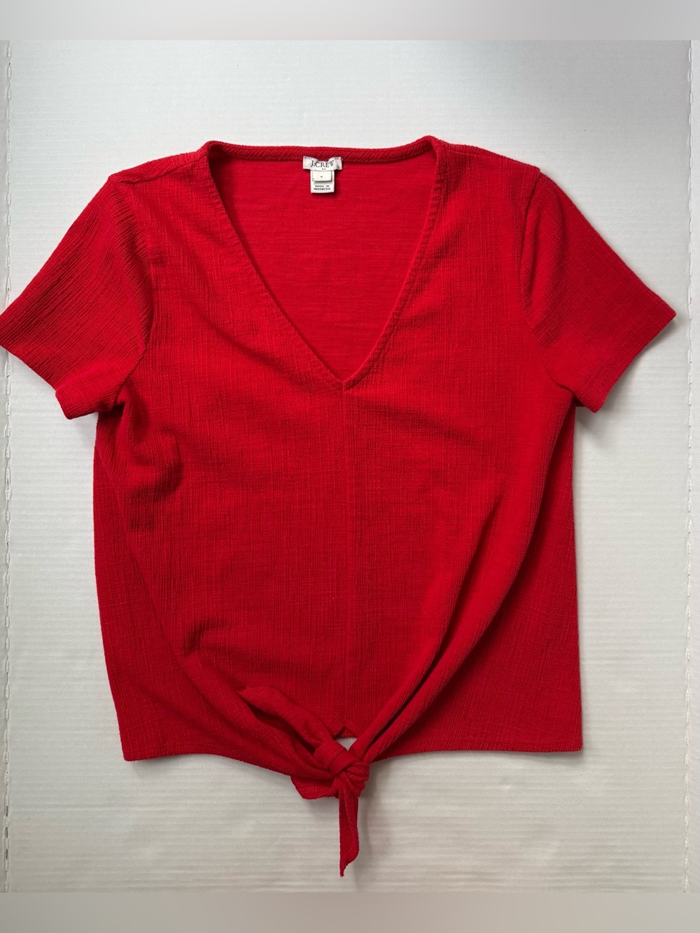 ⁠J.Crew Factory Red Textured V-Neck Tie-Front Tee Top S⁠